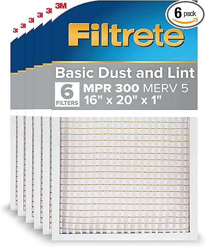 Filtrete 16 x 20 x 1 Air Filter, MERV 5, 6-Pack, AC Furnace HVAC, MPR 300 Basic Dust Defense, Pleated Electrostatic, Removes Lint
